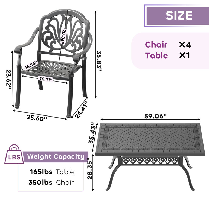 Ensemble de salle à manger d'extérieur 5 pièces, table rectangulaire en fonte d'aluminium de 150 cm et 4 chaises empilables avec coussins bruns