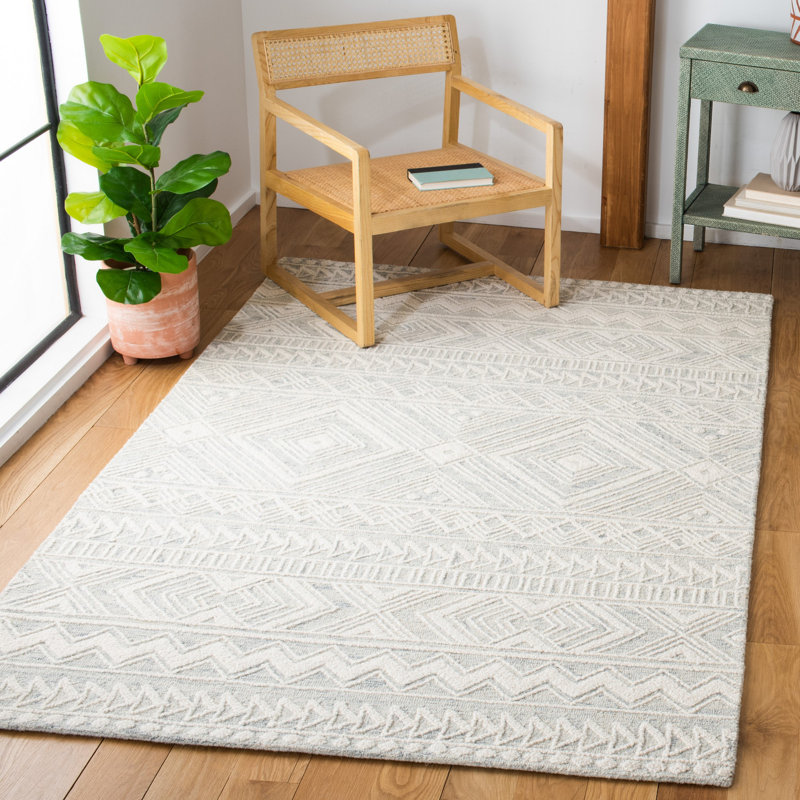 Kyndall Southwestern Handmade Tufted Wool Light Gray/Ivory Area Rug, Rectangle 9' x 12'