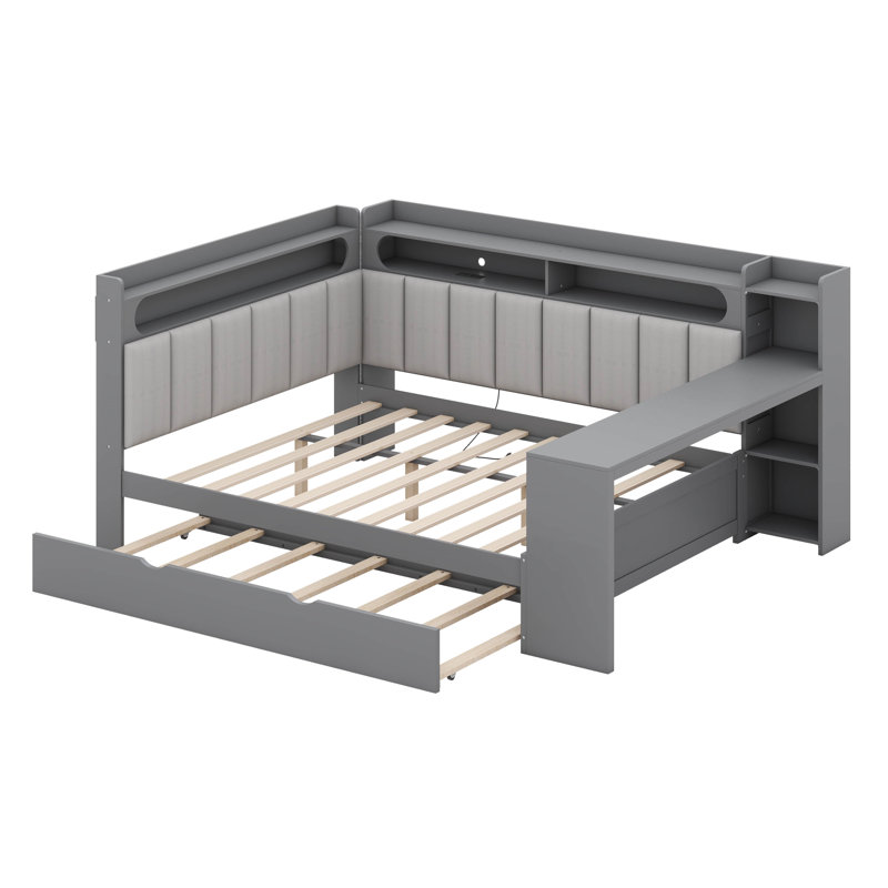 Full Size Daybed With Storage Shelves,Trundle,Charging Station,LED Light,Desk And Upholstered Headboard And Backrest, Gray