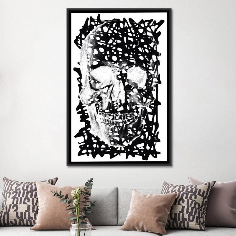 Albree Modern Black Splatter Skull, impression sur toile, H 48 po x l 32 po x P 1,5 po, Toile avec cadre noir, Pas de tapis