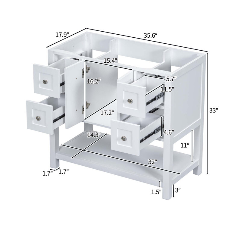 Base de meuble-lavabo avec 4 tiroirs et portes à fermeture douce (sans lavabo), Blanc