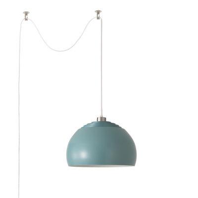 Half Dome Swag Kit - Satin Nickel Steel, Drum  Pool Blue Linen Half-Dome, Dimmable, Bulb Included