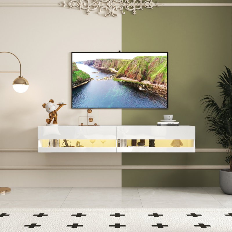 80" Floating Media Stand With & Organized Storage Plan Group, Wall Mounted Tv Table And Functional Area Group, White