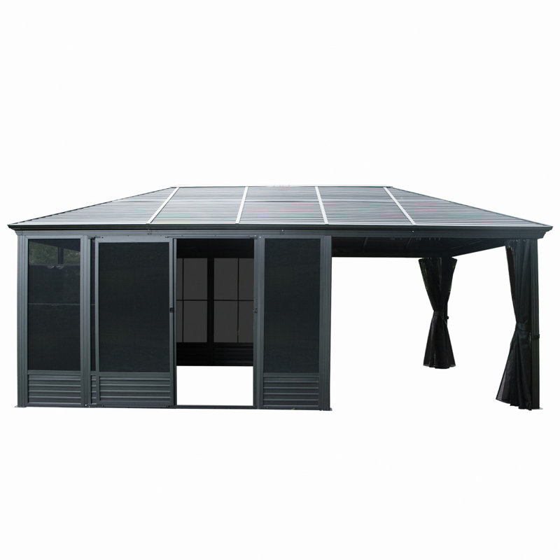 11X21ft Outdoor Sunroom, All Season Solarium Gazebo With Galvanized Steel Roof, Detachable PE Screen, 2 Lockable Sliding Door, Hardtop Gazebo With Netting And Curtains For Patio Deck Garden