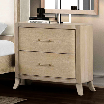 Table de chevet transitionnelle en finition chêne naturel, bois d'ingénierie et tissu, tiroir supérieur doublé de feutre, quincaillerie en acrylique, glissières à roulement, orifices pour décor de chambre à coucher moderne 1 pièce avec motif, bois massif, doux