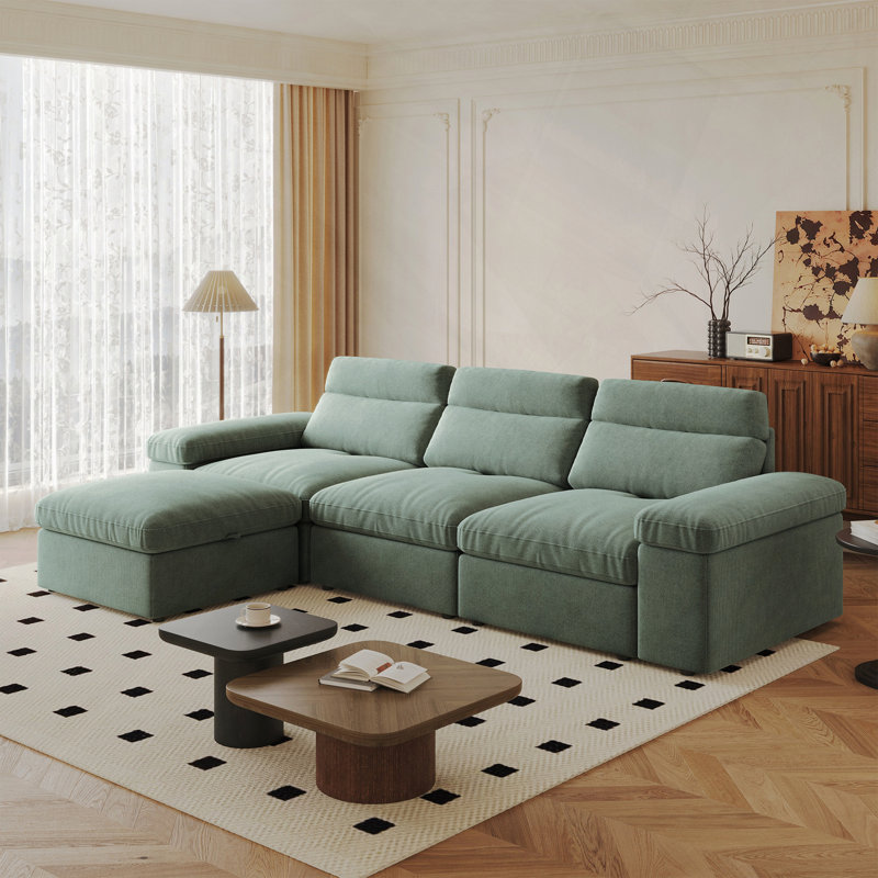 114.2'' Down-Filled Modular Sofa with Adjustable Recline Backrest and Storage Space, Dark Green, Dark Green