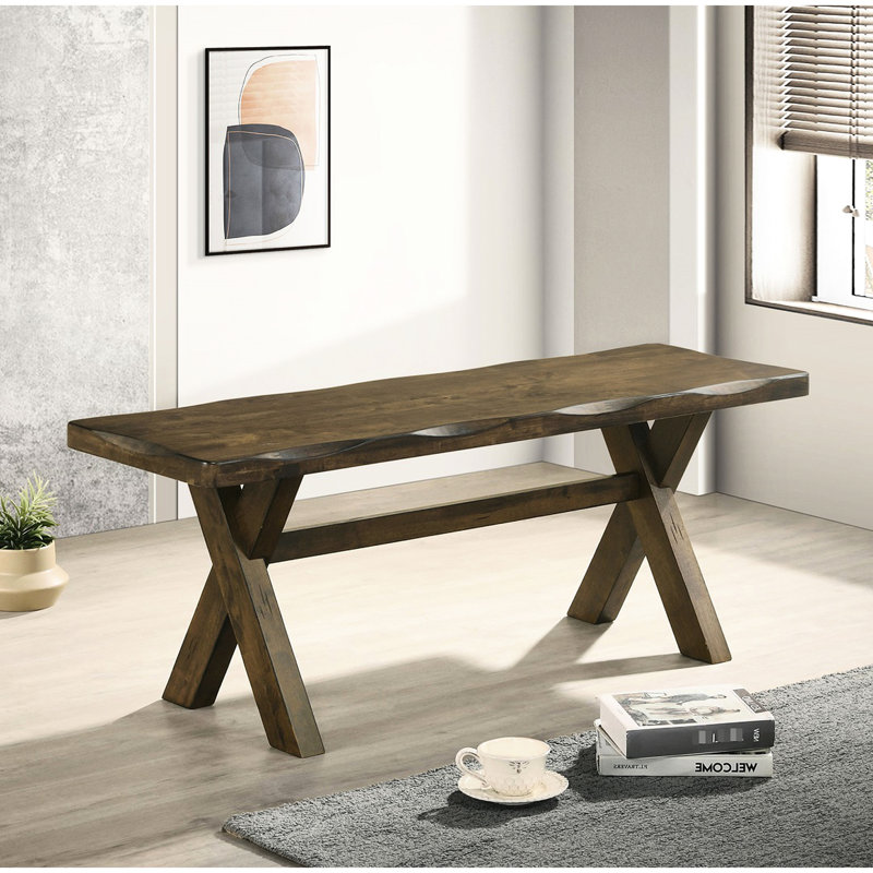 47 - Inch Knotty Nutmeg Dining Bench Crafted From Solid Rubberwood, Smooth Seat, Worn Edges, And Trestle Base For Versatile Decor Finish Rubberwood Bench, Contoured Traditional Spaces