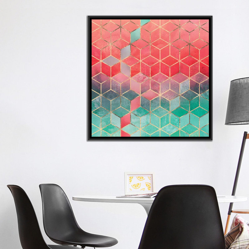 «Rose and Turquoise Cubes», impression sur toile, H 18 po x l 18 po x P 1,5 po, Toile avec cadre noir, Pas de tapis