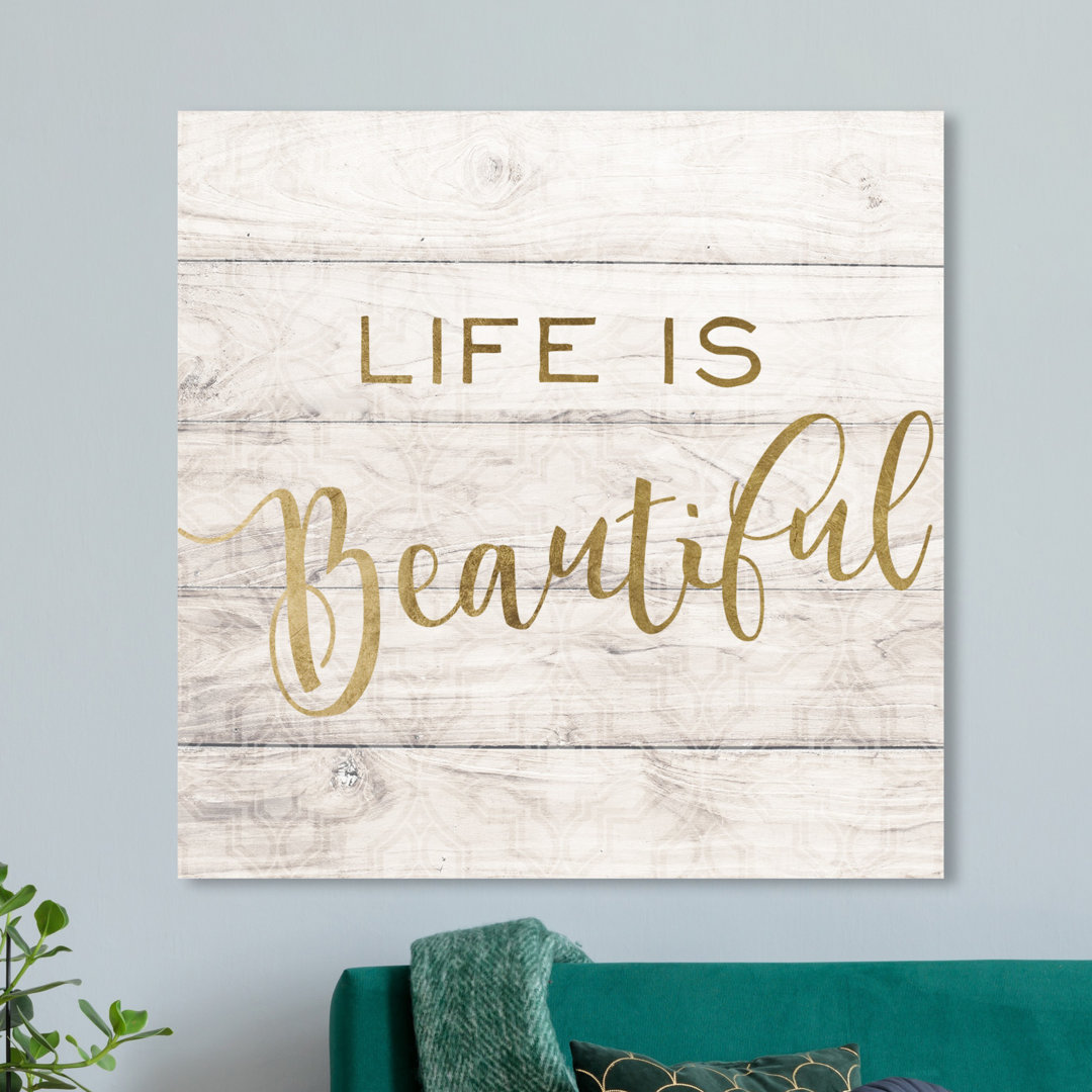 'Life Is Beautiful Rustic Gold' Typography on Wrapped Canvas