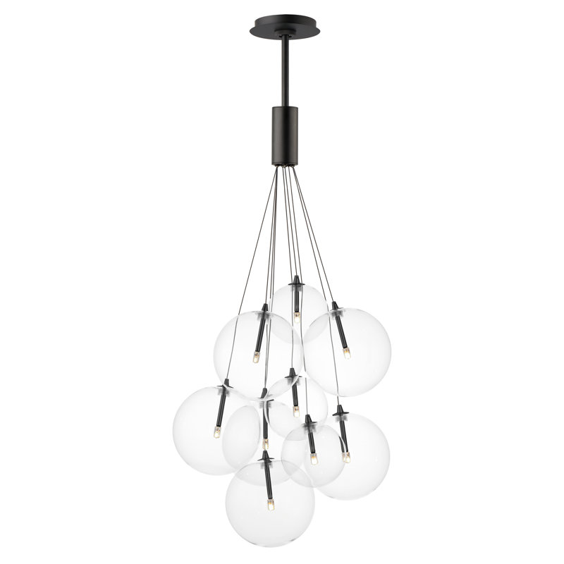 Luminaire suspendu en forme de globe à 9 lumières Alhowra, Transparent, Noir mat