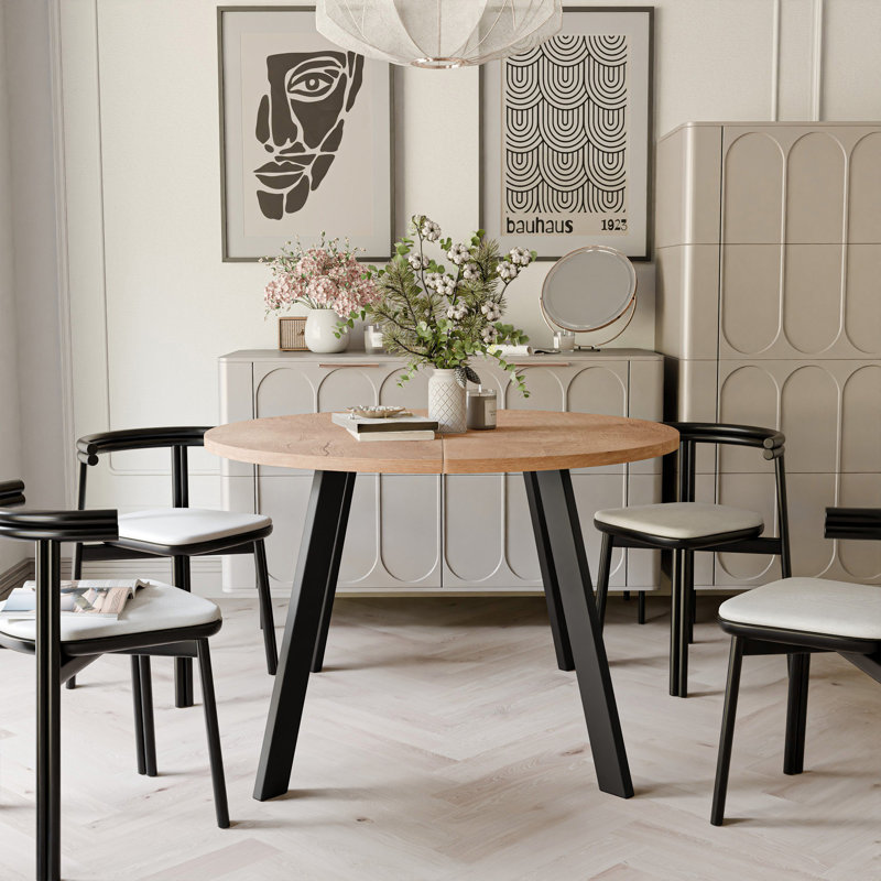 Extendable Round Dining Table, Black, Oak Lefkas