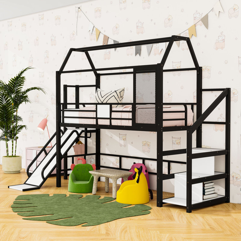 Metal House-Shaped Loft Bed With Stairs And Slide, Twin, Black