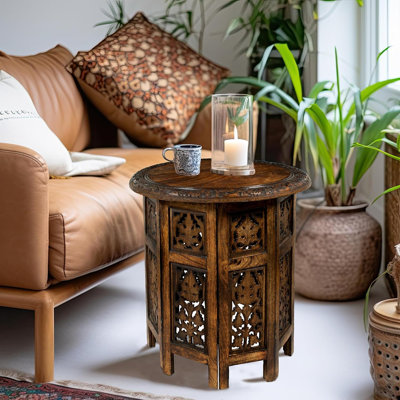 Table de bout décorative en bois massif, table d'appoint pliante vintage Boho pour le salon ou la chambre à coucher