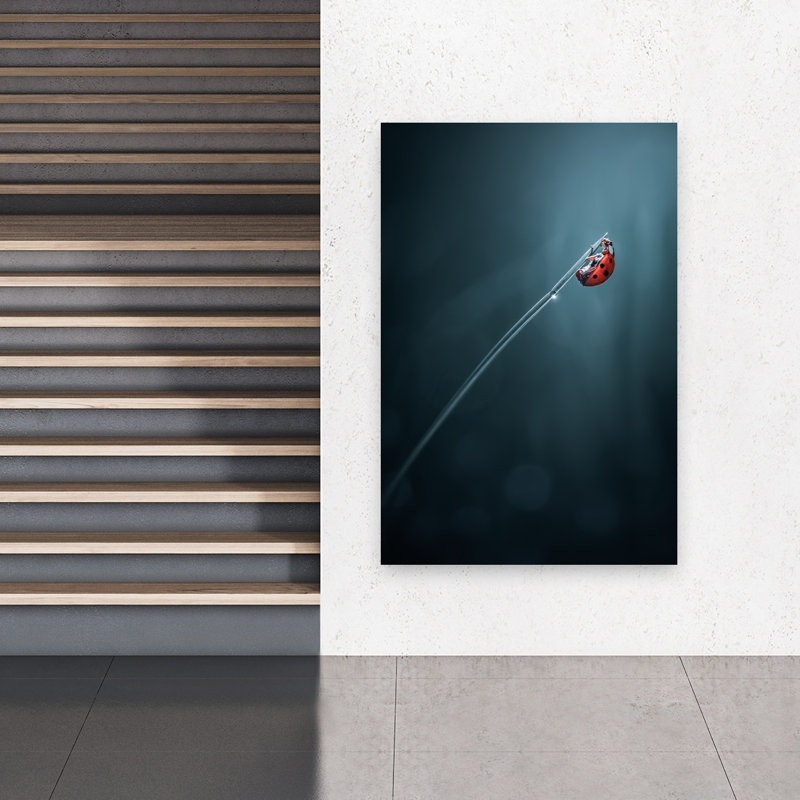 Red Ladybug Morning Dew Minimalist Serene Ladybug Nature Plant Wall Art Print 1 Piece Wrapped Canvas Wall Art