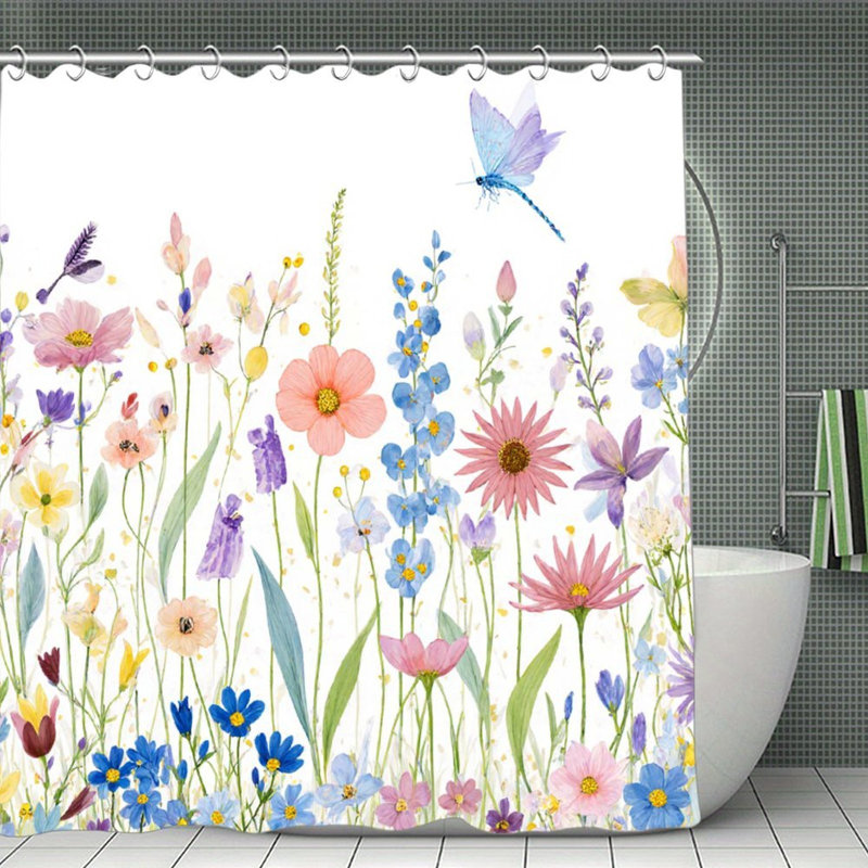 Rideaux de douche Watercolor Wildflowers pour salle de bain, 71 po x 71 po, Motif floral bleu 2