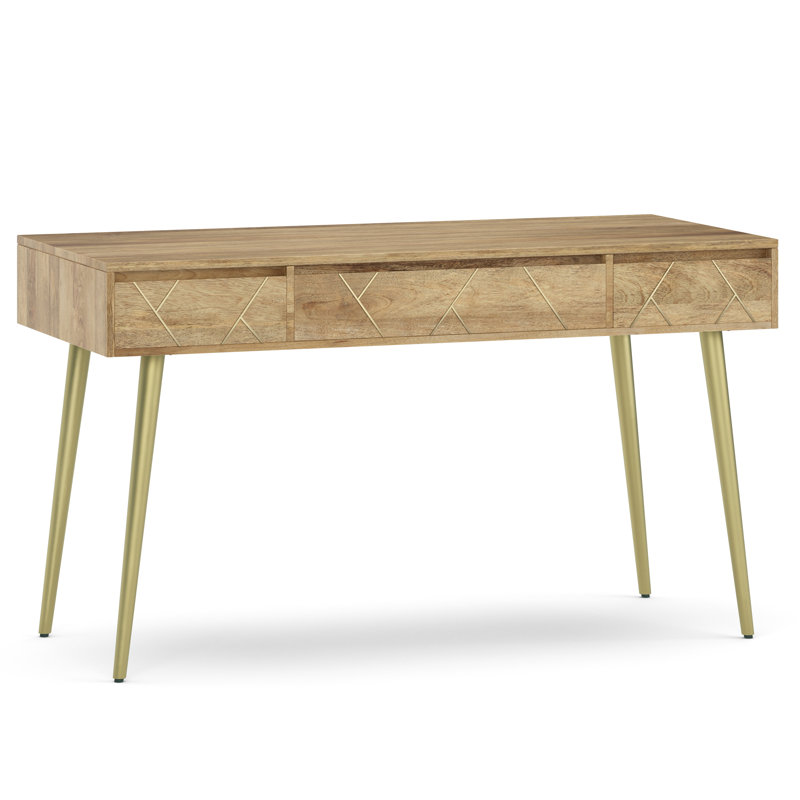 Bureau en bois de manguier massif l 54 po Jager, style Mid-Century moderne avec incrustation de laiton