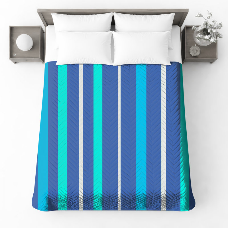 Blue Aqua Stripes Quilted Bedspread All Sizes, Full / Double