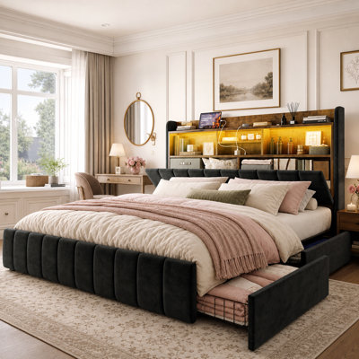 51.3" Tall King Size Bed Frame with Hidden Storage Headboard, Velvet Upholstered Platform Bed with 4 Drawers, LED Lights, Charging Station, Heavy Duty Metal Slats, No Box Spring Needed, Noise Free, Black