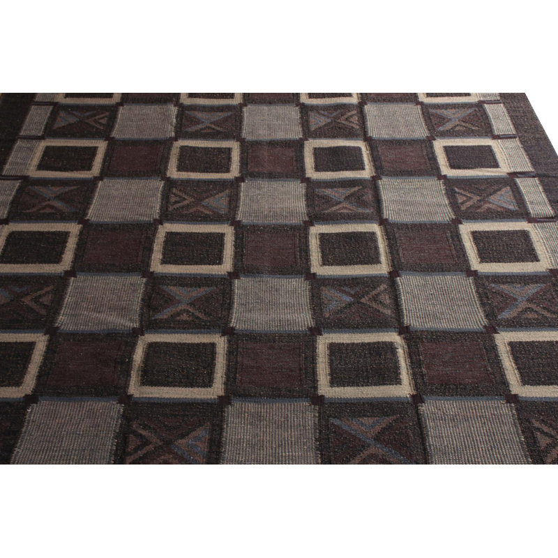 Rug & Kilim's Scandinavian Style Flat Weave Gray Earth Tone Purple Geometric, Rectangle 10' x 14'