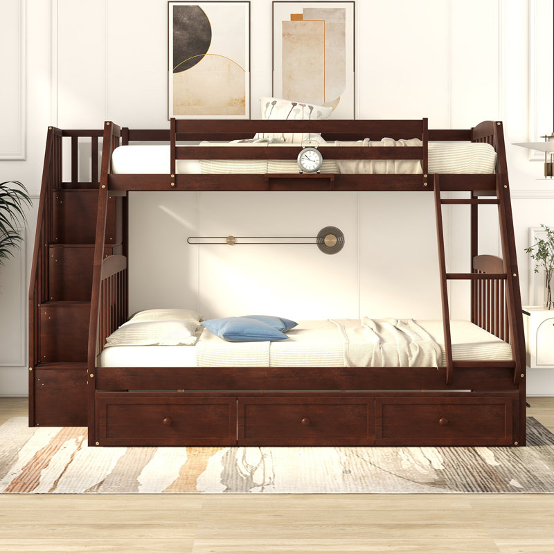 Lit superposé convertible Aveline avec escalier de rangement et tiroirs, Espresso, Simple sur simple