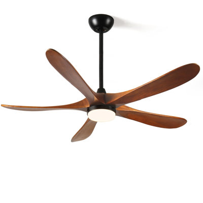 52 Inch Solid Wood Ceiling Fan With LED Light & Remote Control, Indoor/Outdoor 5-Blade Quiet DC Motor For Patio Bedroom Living Room