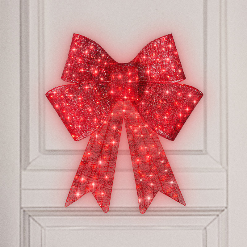  24In Pre-Lit XL Christmas Bow, Large Outdoor LED Lighted Holiday Decor W/ 8 Light Functions, Hook, 24" H x 4" W x 21" D