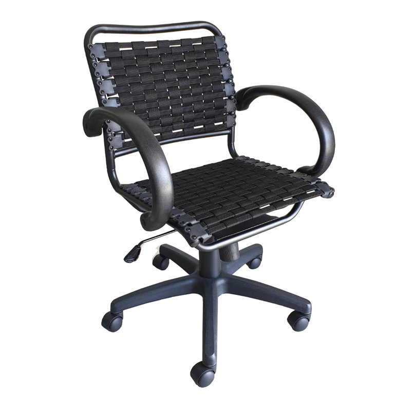 Fauteuil de bureau noir à accoudoirs élastiques avec structure en acier, revêtement thermolaqué, rubans en polypropylène, base en nylon, confort ergonomique moderne