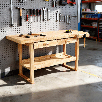 ​59.8" Heavy-Duty Rubber Wood Workbench 2 Drawers & Adjustable Handles Garage Workshop Table​​