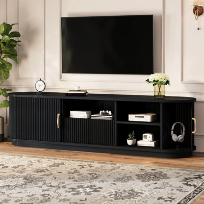 Meuble télé vintage rétro avec lattes en bois coulissantes pour téléviseurs de 75 pouces, style, console média avec tablettes et tiroirs réglables, portes de décoration pour espace de vie principal noir, cannelures, tablettes