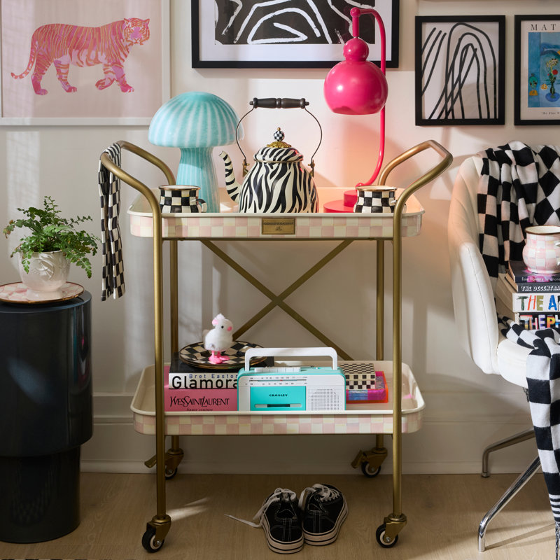 Mocha Check 2-Tier Kitchen Cart, Brass/Pink/White