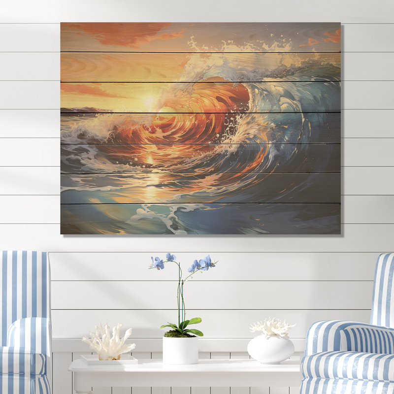 Blue and Orange Sunrise Waves III - vagues côtières sur bois, H 30 po x l 40 po x P 0,78 po