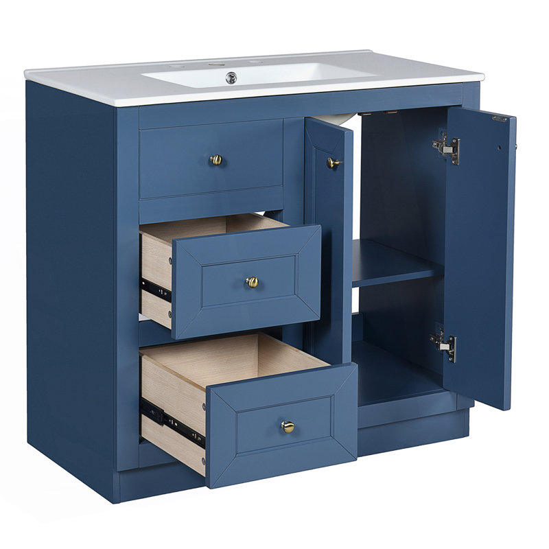 Meuble-lavabo de salle de bain avec lavabo en céramique, armoire de rangement avec 2 tiroirs et tablette