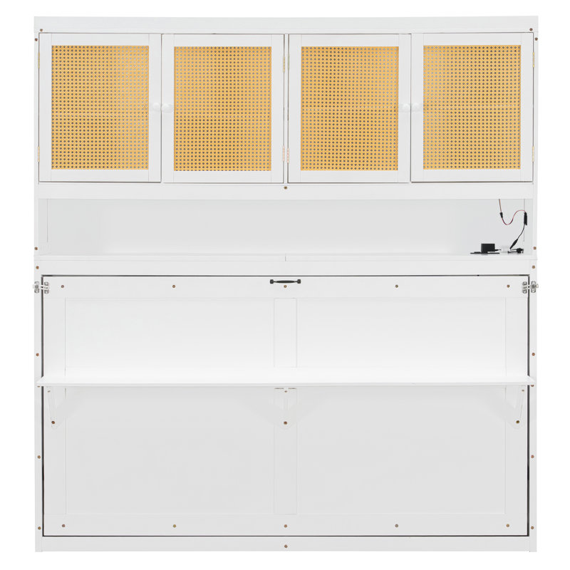 Lit escamotable simple avec armoire supérieure, lit pliable peu encombrant avec lumière et USB, blanc, 2 pièces