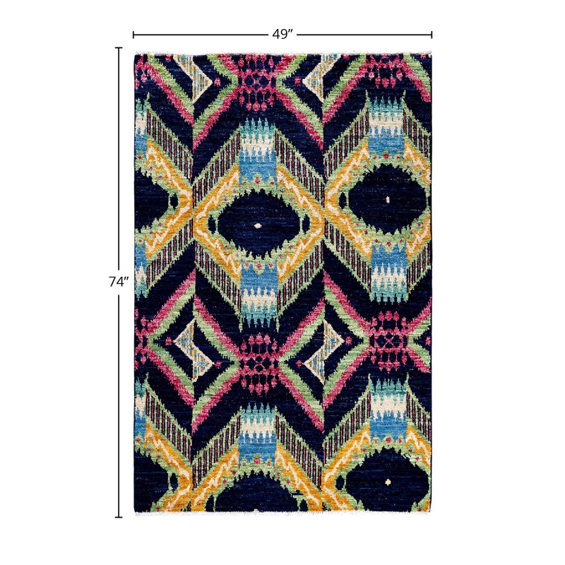Tapis unique bleu marine / rose / jaune / ivoire surteint de 4 pi 1 po x 6 pi 2 po Overdyed