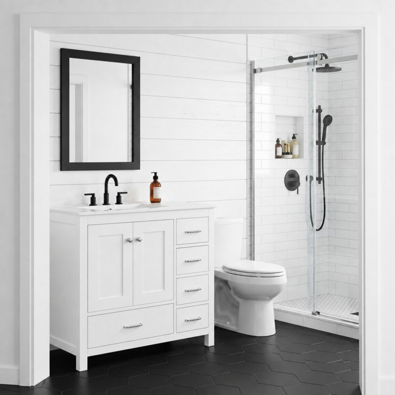 Ensemble de meuble-lavabo simple autoportant avec 5 tiroirs, Blanc