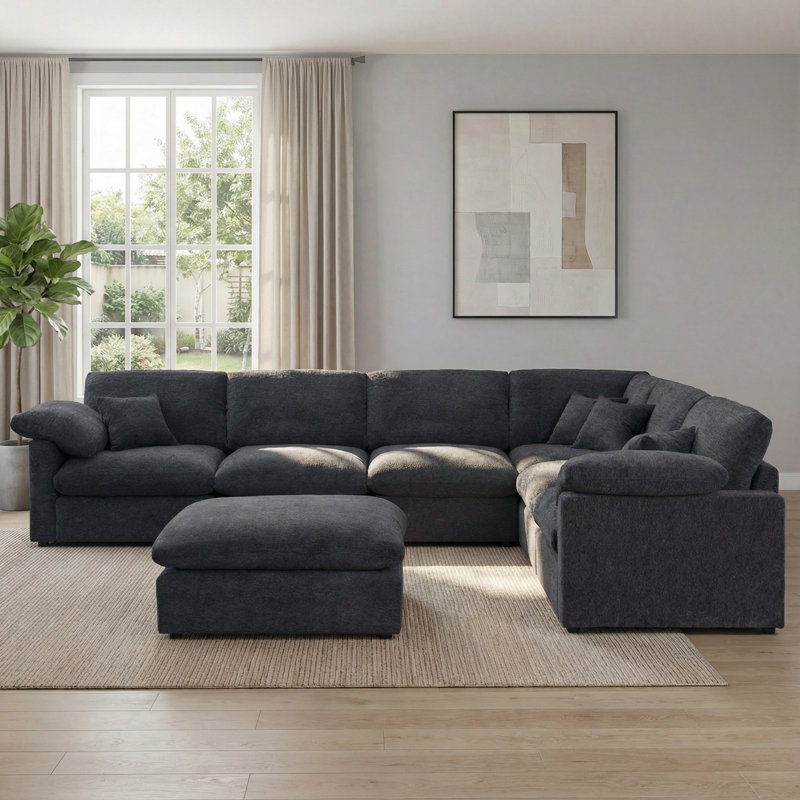 144" W U-shaped Chenille Sectional Sofa, Large 7-seater Corner Sectional, Dark Gray Chenille