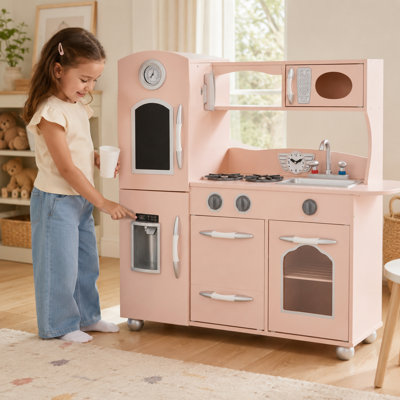 Teamson Kids Retro Wooden Play Kitchen with Chalkboard, Pretend Icemaker & Accessories