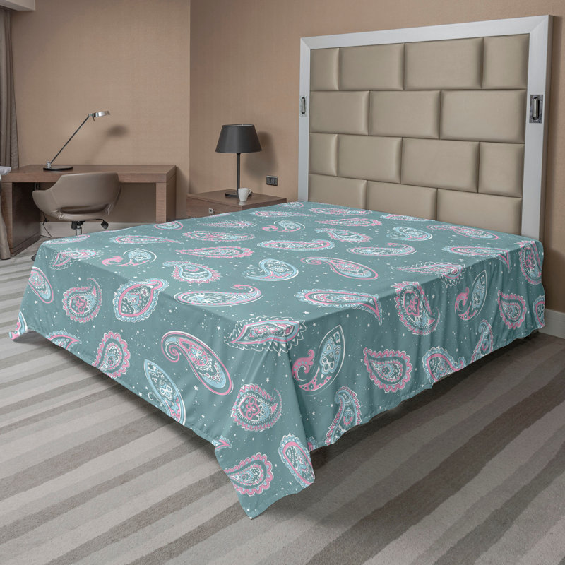 Ambesonne Flat Sheet Floral Grunge Art, Full Flat Sheet, Cadet Blue Pink Floral