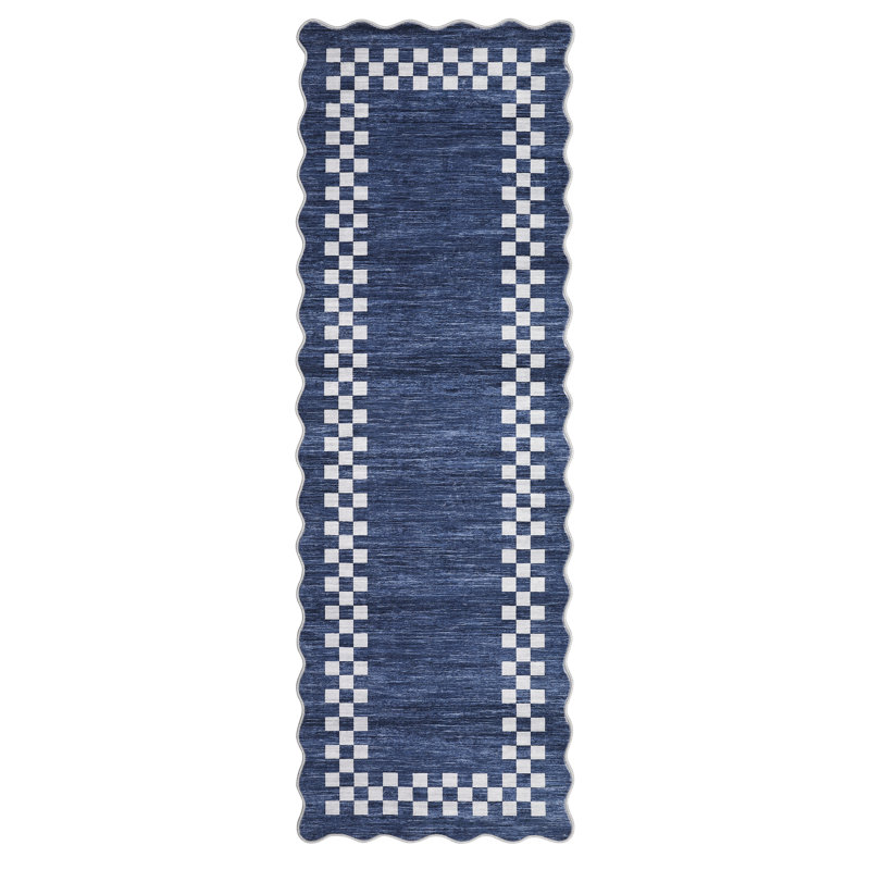 Scalloped Area Rug Modern Bordered Accent Carpet, Non-Slip Geometric Floor Cover, Stain-Resistant Low Pile Indoor Mat, Easy to Clean Rugs