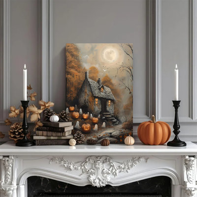 Affiche d'art mural encadrée 1pc, Haunted Ghost Cottage Halloween Art, impression sur toile, peinture pour salon, chambre, bureau, salle de bain, dortoir, prêt à accrocher