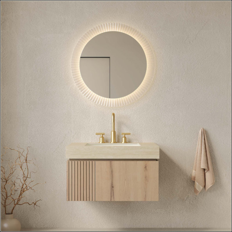 Meuble-lavabo de salle de bain, meuble de rangement flottant en contreplaqué avec tiroir et porte, comptoir en pierre frittée Roma Travertine et lavabo en céramique avec 3 trous de robinet pré-percés, pré-assemblé