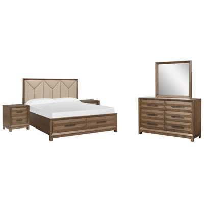 Fidler Queen Upholstered Panel Storage Bed And Drawer Dresser With Landscape Mirror