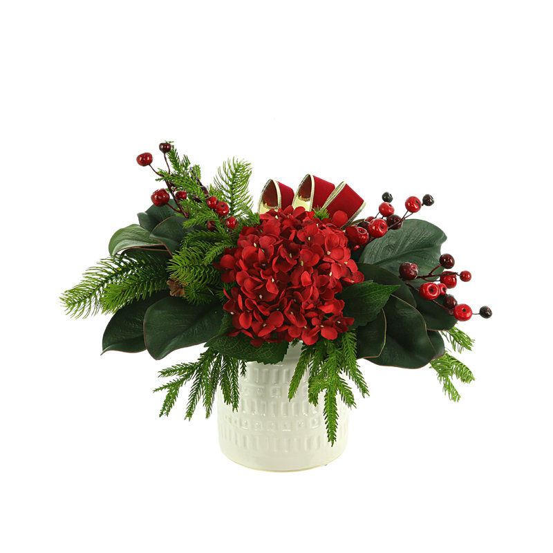 Hydrangea Holiday Arrangement With Pine, Berries And Bows In A Ceramic Pot
