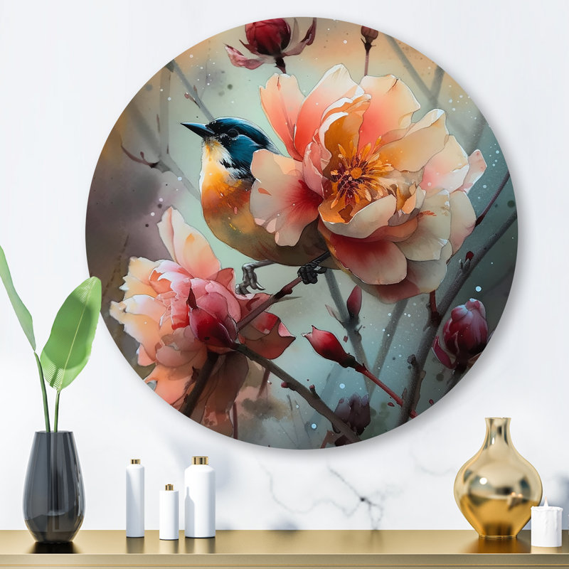 «Blue Little Bird On Rose Tree Banch II», art mural rond en métal à motif floral, H 29 po x l 29 po x P 1 po