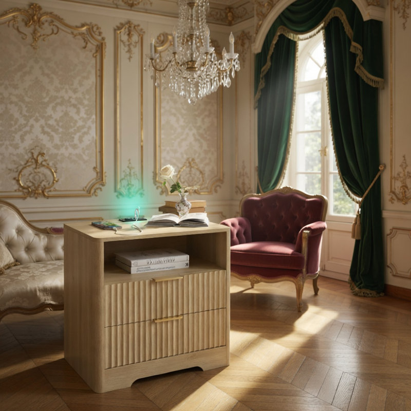 Table de chevet avec station de charge, table de chevet intelligente avec veilleuse, tables de chevet avec armoire de rangement pour la chambre à coucher, bois