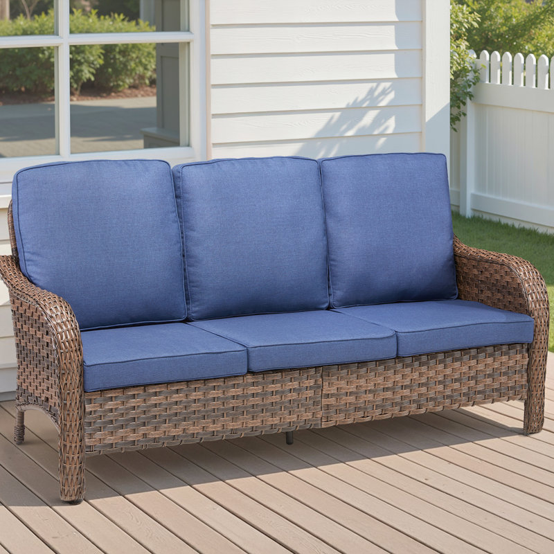 Canapé d'extérieur 3 places de 180 cm avec coussins bleus, structure en PE de haute qualité, résistant à la rouille, idéal pour toutes les conditions climatiques et au style élégant.