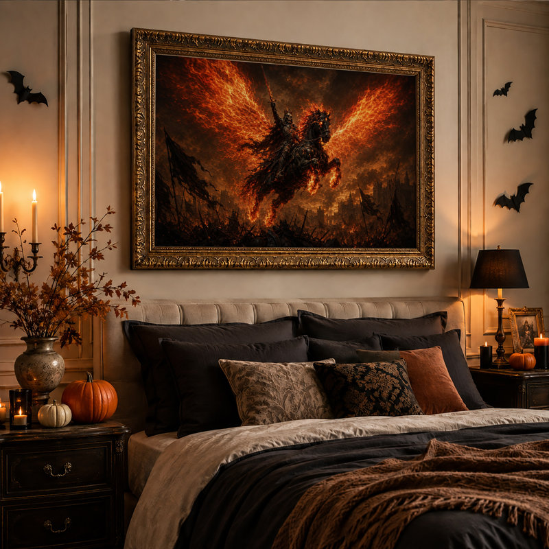 Tableau sur toile représentant un chevalier squelette sur un cheval de feu dominant une ville en flammes, idéal pour l'Halloween