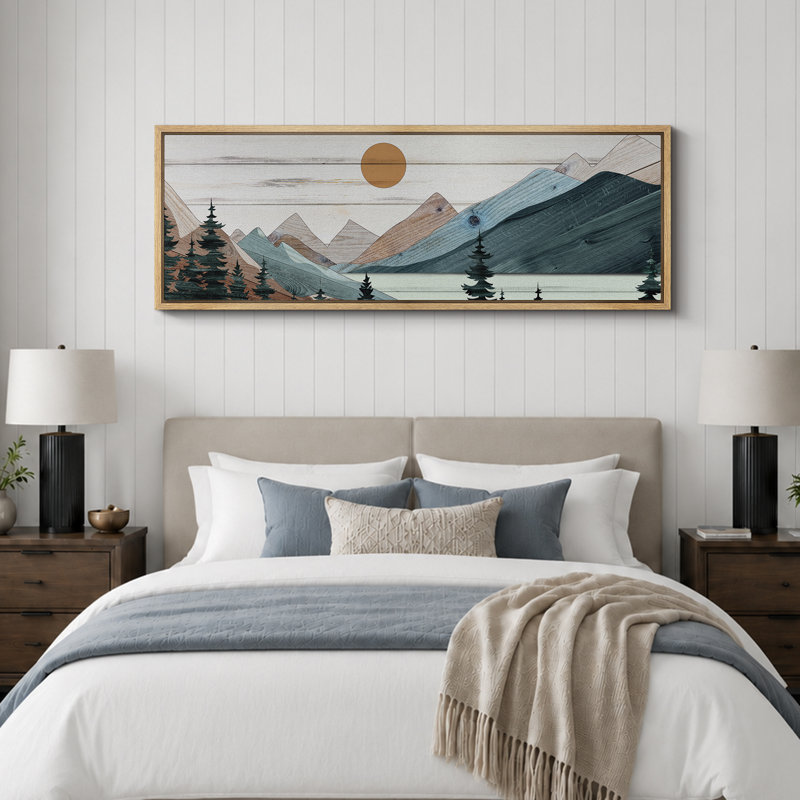 «Western Wood Effect Landscape Tranquil Wood Effect Mountain Sunset», reproduction sur toile, H 20 po x l 60 po, Naturel