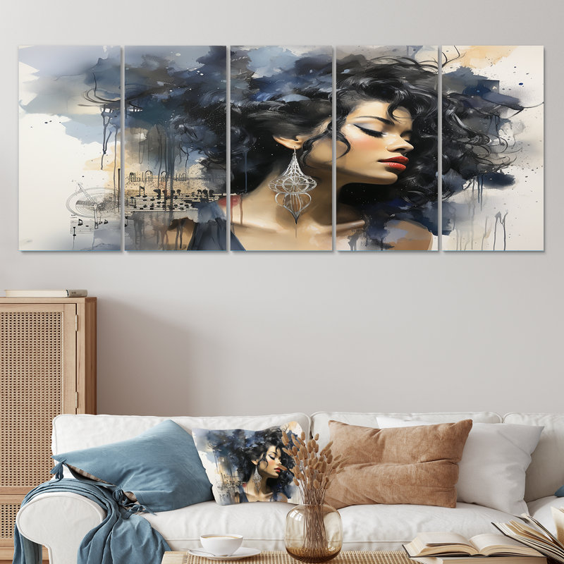 Harlem Renaissance, portrait de femme bleue et noire I - Harlem Renaissance, art mural sur toile 5 pièces, H 28 po x l 60 po