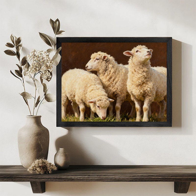 Reproduction d'art encadré noir, petit agneau mignon et douillet, style rétro, H 17 po x l 25 po